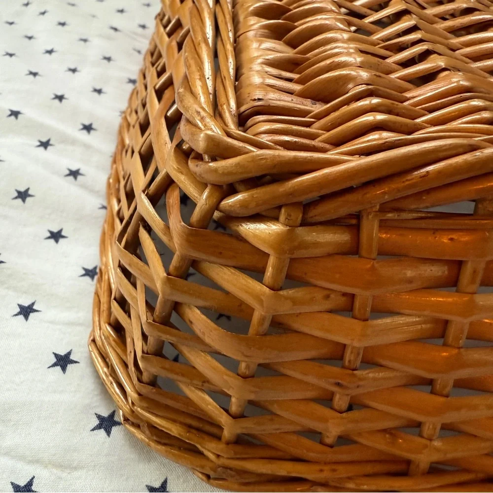 Vintage Square Yugoslavian Wicker Rattan Basket 10.5” Stamped Made in Yugoslavia